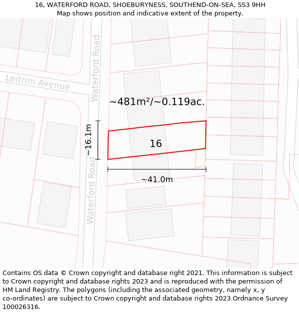 16, WATERFORD ROAD, SHOEBURYNESS, SOUTHEND-ON-SEA, SS3 9HH: Plot and title map