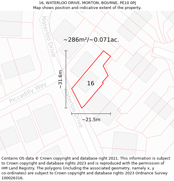 16, WATERLOO DRIVE, MORTON, BOURNE, PE10 0PJ: Plot and title map