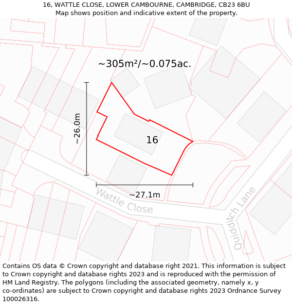 16, WATTLE CLOSE, LOWER CAMBOURNE, CAMBRIDGE, CB23 6BU: Plot and title map
