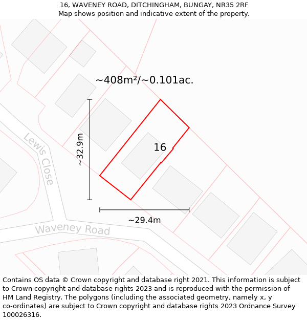 16, WAVENEY ROAD, DITCHINGHAM, BUNGAY, NR35 2RF: Plot and title map