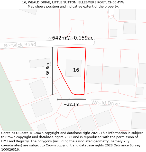 16, WEALD DRIVE, LITTLE SUTTON, ELLESMERE PORT, CH66 4YW: Plot and title map