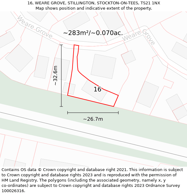 16, WEARE GROVE, STILLINGTON, STOCKTON-ON-TEES, TS21 1NX: Plot and title map