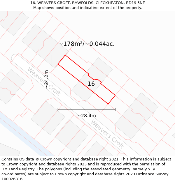 16, WEAVERS CROFT, RAWFOLDS, CLECKHEATON, BD19 5NE: Plot and title map