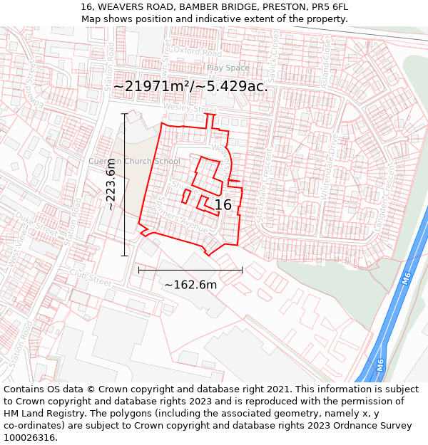 16, WEAVERS ROAD, BAMBER BRIDGE, PRESTON, PR5 6FL: Plot and title map