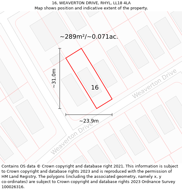 16, WEAVERTON DRIVE, RHYL, LL18 4LA: Plot and title map