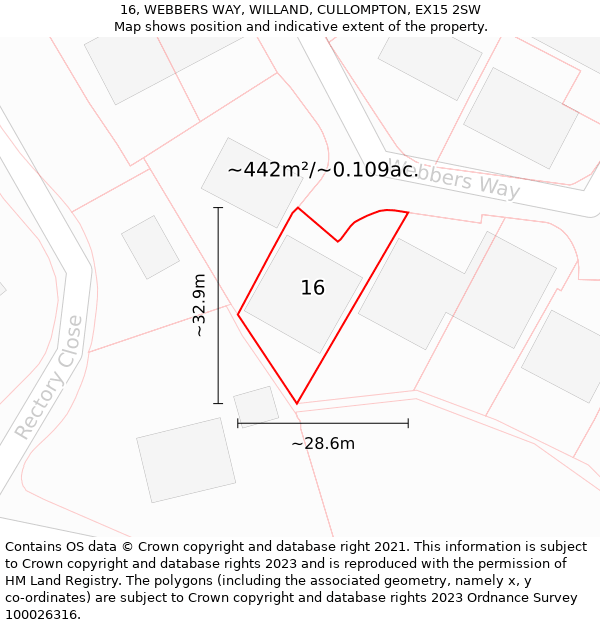 16, WEBBERS WAY, WILLAND, CULLOMPTON, EX15 2SW: Plot and title map