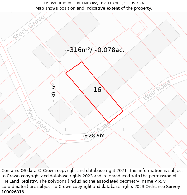 16, WEIR ROAD, MILNROW, ROCHDALE, OL16 3UX: Plot and title map