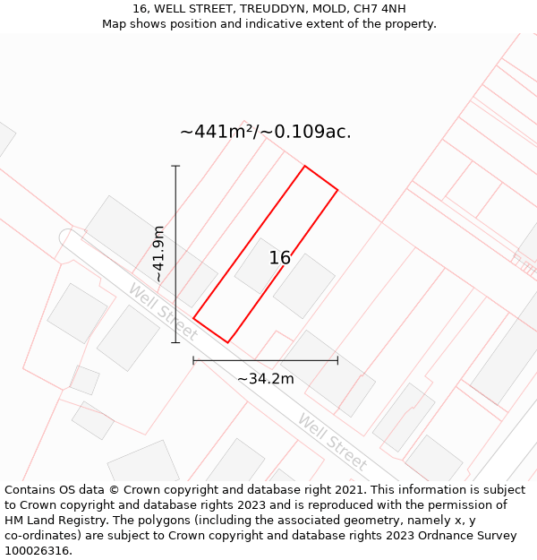 16, WELL STREET, TREUDDYN, MOLD, CH7 4NH: Plot and title map