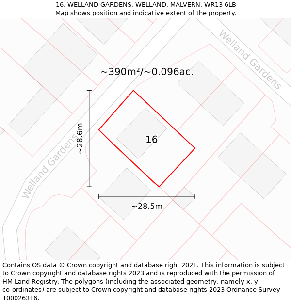 16, WELLAND GARDENS, WELLAND, MALVERN, WR13 6LB: Plot and title map