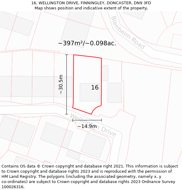 16, WELLINGTON DRIVE, FINNINGLEY, DONCASTER, DN9 3FD: Plot and title map