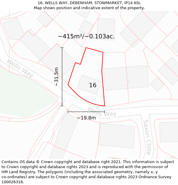 16, WELLS WAY, DEBENHAM, STOWMARKET, IP14 6SL: Plot and title map