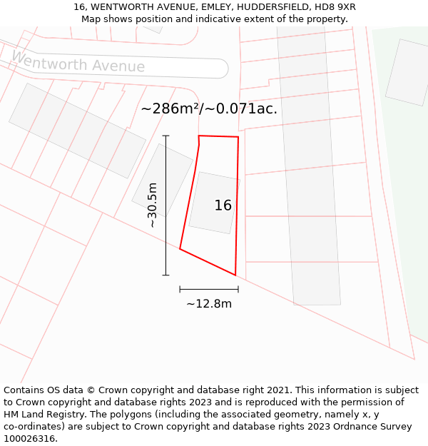 16, WENTWORTH AVENUE, EMLEY, HUDDERSFIELD, HD8 9XR: Plot and title map