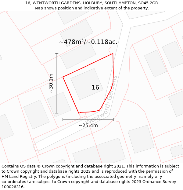 16, WENTWORTH GARDENS, HOLBURY, SOUTHAMPTON, SO45 2GR: Plot and title map