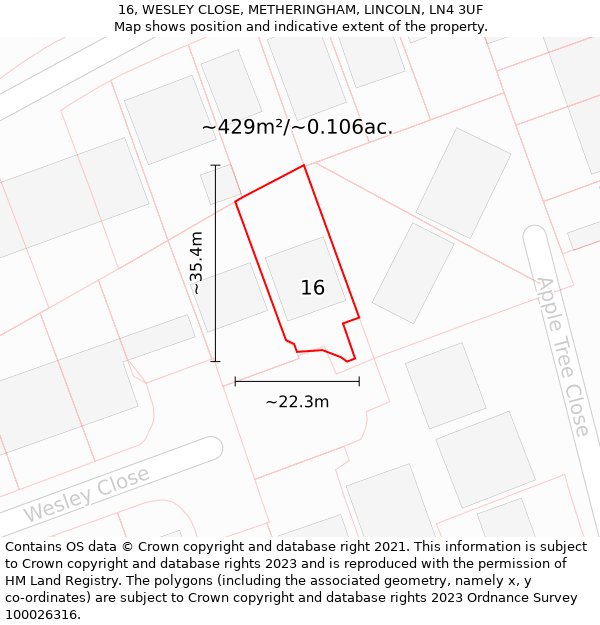 16, WESLEY CLOSE, METHERINGHAM, LINCOLN, LN4 3UF: Plot and title map