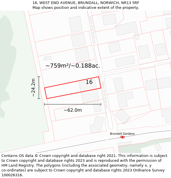 16, WEST END AVENUE, BRUNDALL, NORWICH, NR13 5RF: Plot and title map