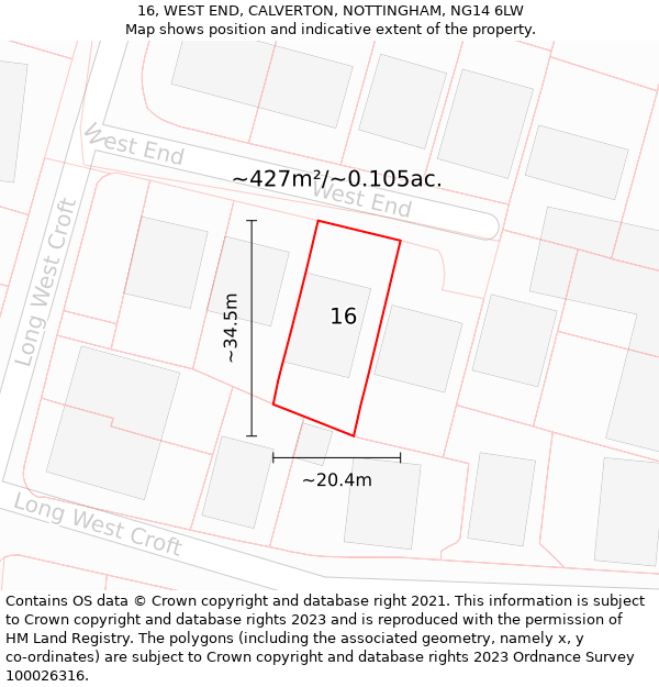 16, WEST END, CALVERTON, NOTTINGHAM, NG14 6LW: Plot and title map