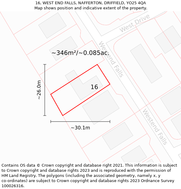 16, WEST END FALLS, NAFFERTON, DRIFFIELD, YO25 4QA: Plot and title map