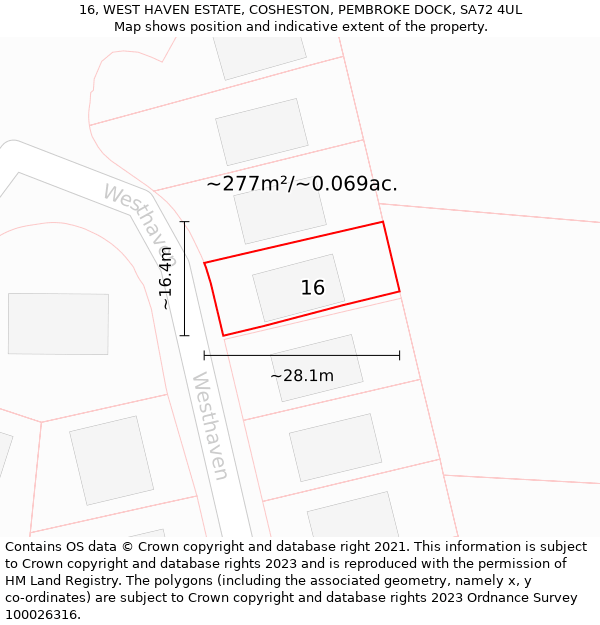 16, WEST HAVEN ESTATE, COSHESTON, PEMBROKE DOCK, SA72 4UL: Plot and title map