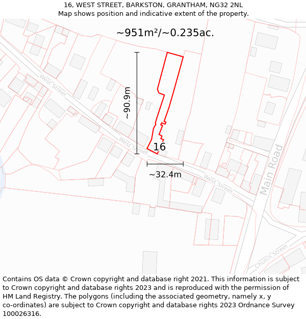 16, WEST STREET, BARKSTON, GRANTHAM, NG32 2NL: Plot and title map