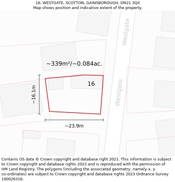 16, WESTGATE, SCOTTON, GAINSBOROUGH, DN21 3QX: Plot and title map