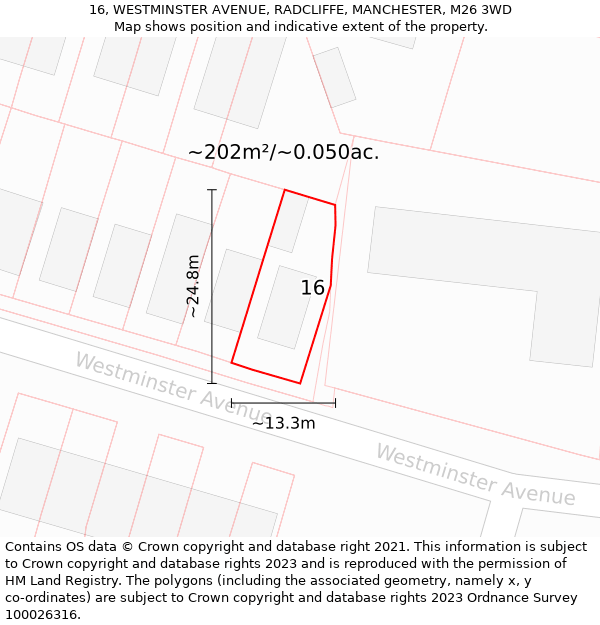 16, WESTMINSTER AVENUE, RADCLIFFE, MANCHESTER, M26 3WD: Plot and title map