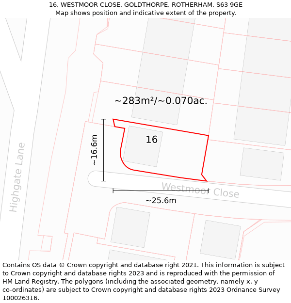 16, WESTMOOR CLOSE, GOLDTHORPE, ROTHERHAM, S63 9GE: Plot and title map