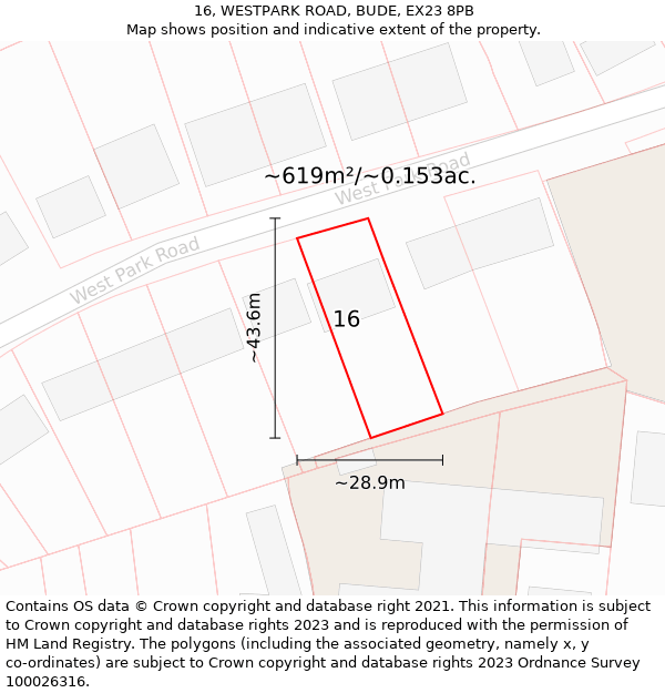 16, WESTPARK ROAD, BUDE, EX23 8PB: Plot and title map