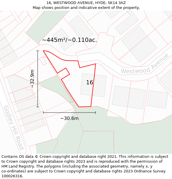 16, WESTWOOD AVENUE, HYDE, SK14 3AZ: Plot and title map