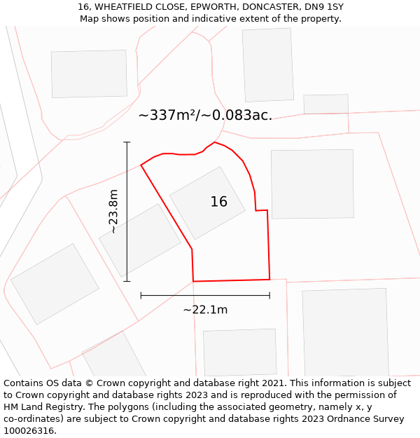 16, WHEATFIELD CLOSE, EPWORTH, DONCASTER, DN9 1SY: Plot and title map