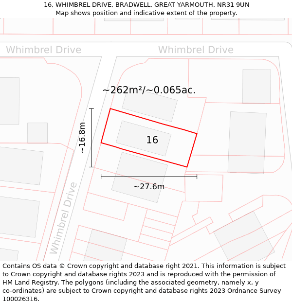 16, WHIMBREL DRIVE, BRADWELL, GREAT YARMOUTH, NR31 9UN: Plot and title map