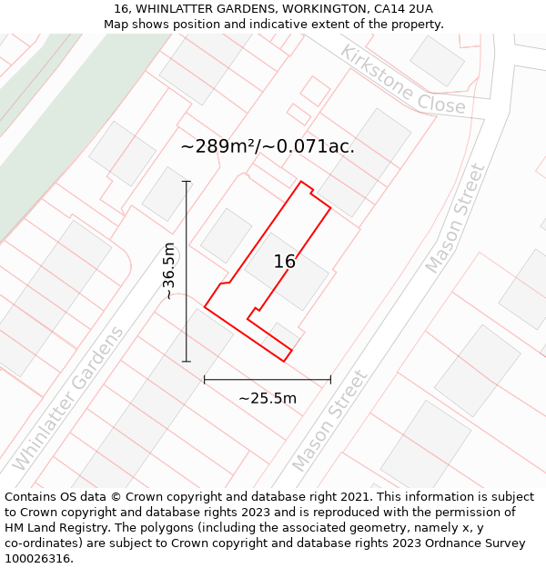 16, WHINLATTER GARDENS, WORKINGTON, CA14 2UA: Plot and title map