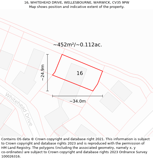 16, WHITEHEAD DRIVE, WELLESBOURNE, WARWICK, CV35 9PW: Plot and title map