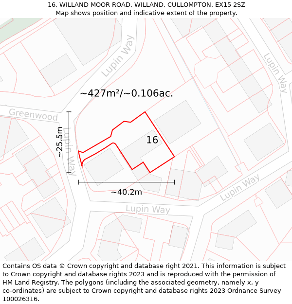 16, WILLAND MOOR ROAD, WILLAND, CULLOMPTON, EX15 2SZ: Plot and title map