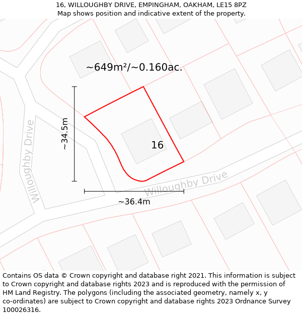 16, WILLOUGHBY DRIVE, EMPINGHAM, OAKHAM, LE15 8PZ: Plot and title map