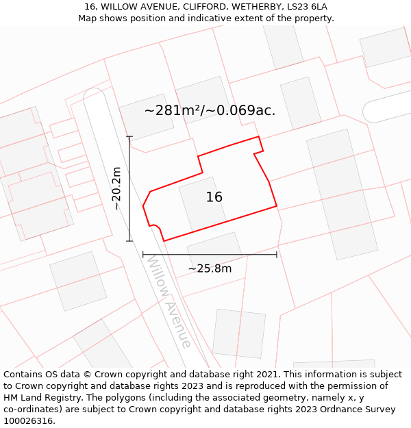 16, WILLOW AVENUE, CLIFFORD, WETHERBY, LS23 6LA: Plot and title map