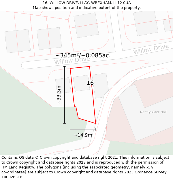 16, WILLOW DRIVE, LLAY, WREXHAM, LL12 0UA: Plot and title map