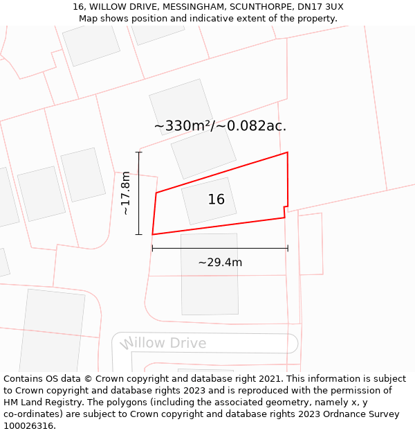 16, WILLOW DRIVE, MESSINGHAM, SCUNTHORPE, DN17 3UX: Plot and title map