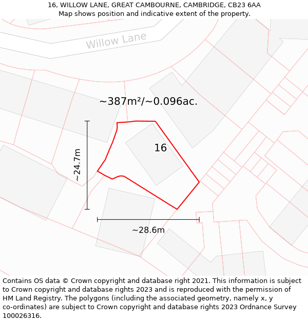 16, WILLOW LANE, GREAT CAMBOURNE, CAMBRIDGE, CB23 6AA: Plot and title map