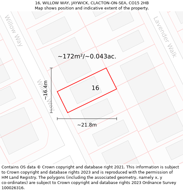 16, WILLOW WAY, JAYWICK, CLACTON-ON-SEA, CO15 2HB: Plot and title map