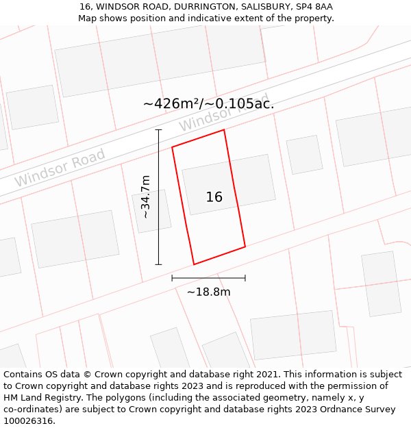 16, WINDSOR ROAD, DURRINGTON, SALISBURY, SP4 8AA: Plot and title map