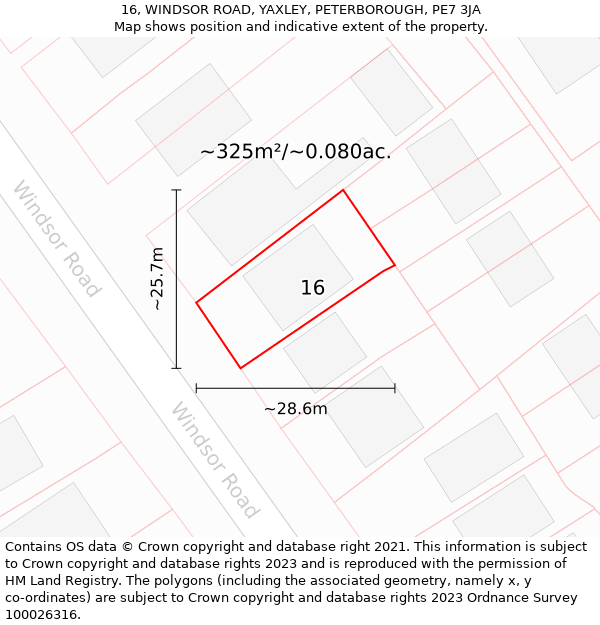 16, WINDSOR ROAD, YAXLEY, PETERBOROUGH, PE7 3JA: Plot and title map