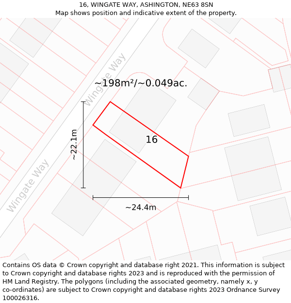 16, WINGATE WAY, ASHINGTON, NE63 8SN: Plot and title map