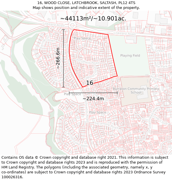 16, WOOD CLOSE, LATCHBROOK, SALTASH, PL12 4TS: Plot and title map