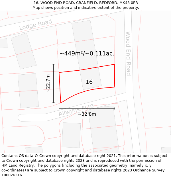 16, WOOD END ROAD, CRANFIELD, BEDFORD, MK43 0EB: Plot and title map