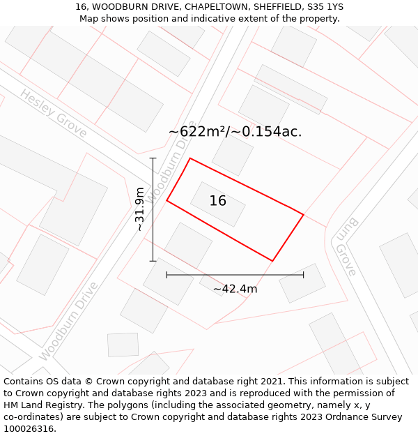 16, WOODBURN DRIVE, CHAPELTOWN, SHEFFIELD, S35 1YS: Plot and title map