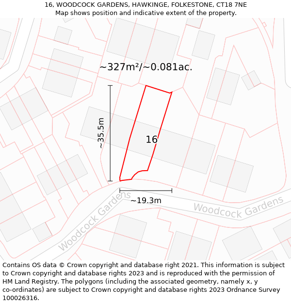 16, WOODCOCK GARDENS, HAWKINGE, FOLKESTONE, CT18 7NE: Plot and title map