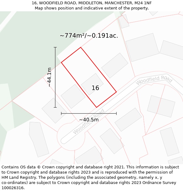 16, WOODFIELD ROAD, MIDDLETON, MANCHESTER, M24 1NF: Plot and title map