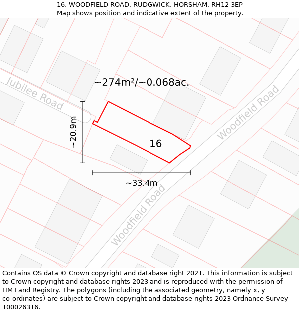 16, WOODFIELD ROAD, RUDGWICK, HORSHAM, RH12 3EP: Plot and title map