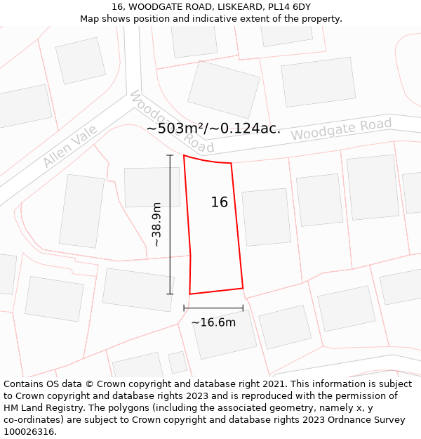 16, WOODGATE ROAD, LISKEARD, PL14 6DY: Plot and title map