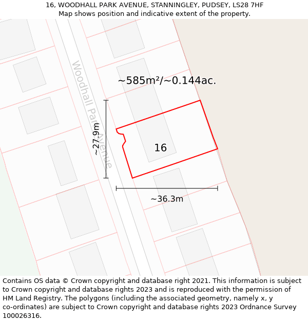 16, WOODHALL PARK AVENUE, STANNINGLEY, PUDSEY, LS28 7HF: Plot and title map